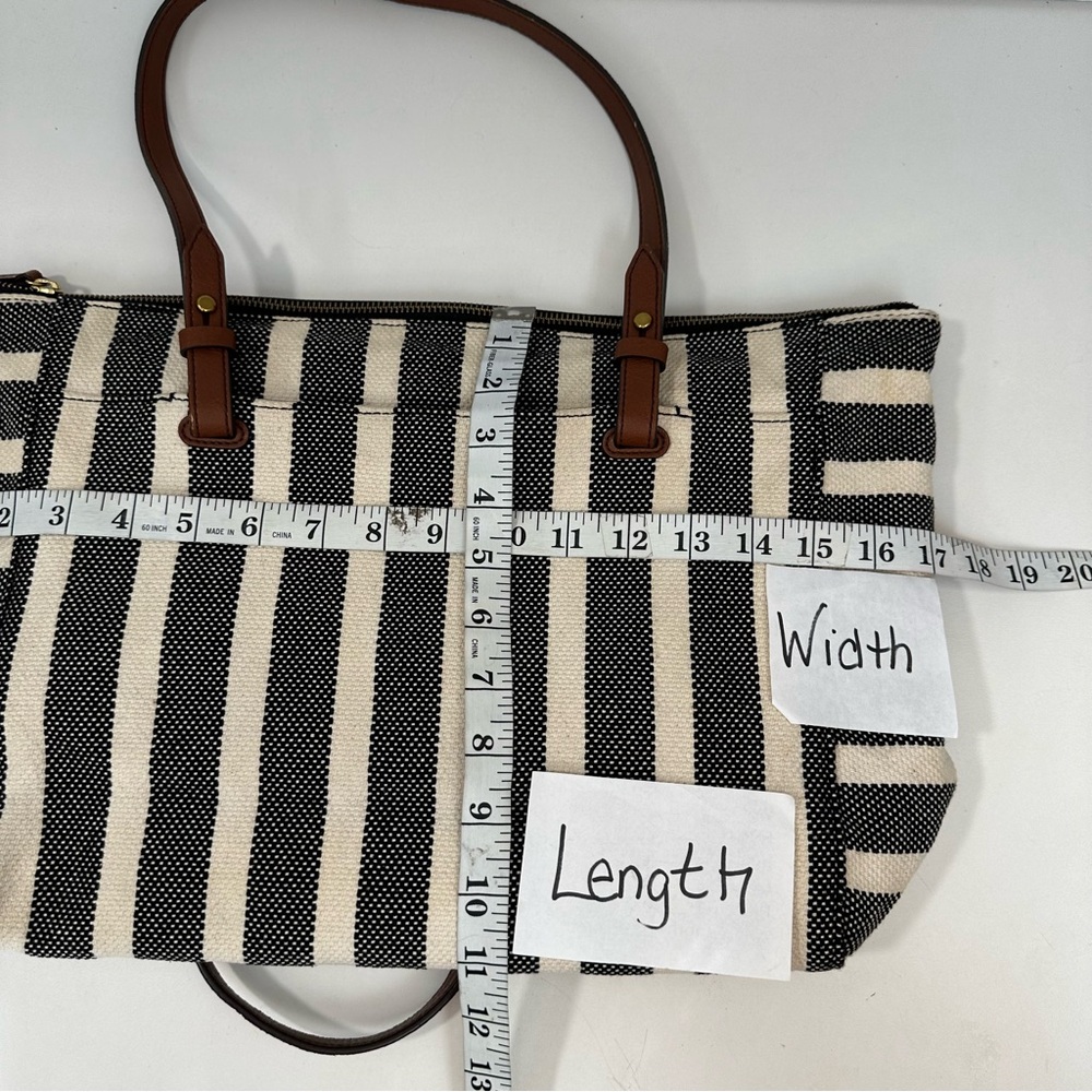 Fossil Stripe Canvas Tote Black Cream Leather Straps Purse Handbag - Picture 12 of 16
